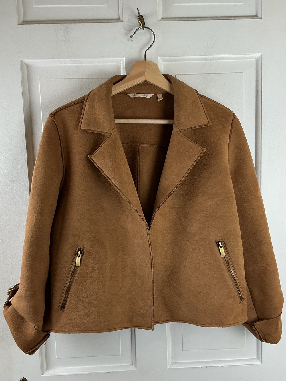 Soft Surroundings Tan Faux Suede Open Front Moto Jacket